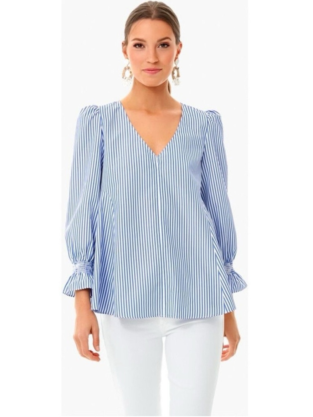 Tuckernuck Blue and White Striped V-Neck Balloon Sleeve Blouse
